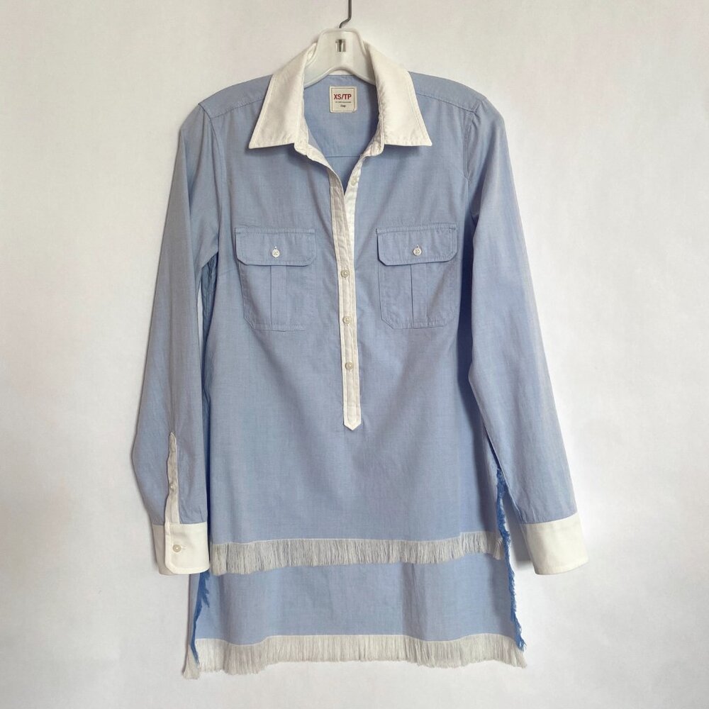 VINTAGE GAP LIGHT BLUE OXFORD SHIRT TUNIC DRESS FRINGE HEM XS